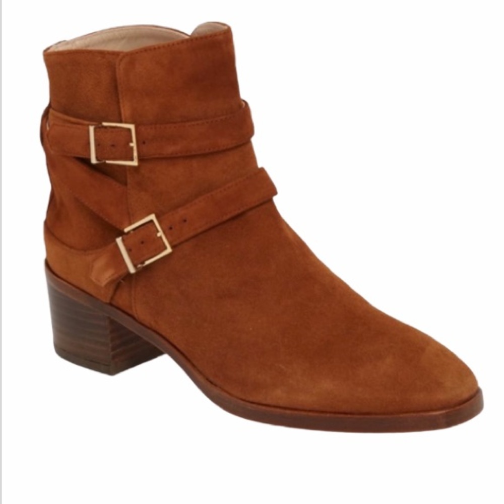 Stuart Weitzman Eastside Chestnut Brown Buckle Strap Suede Ankle Bootie Moto 9